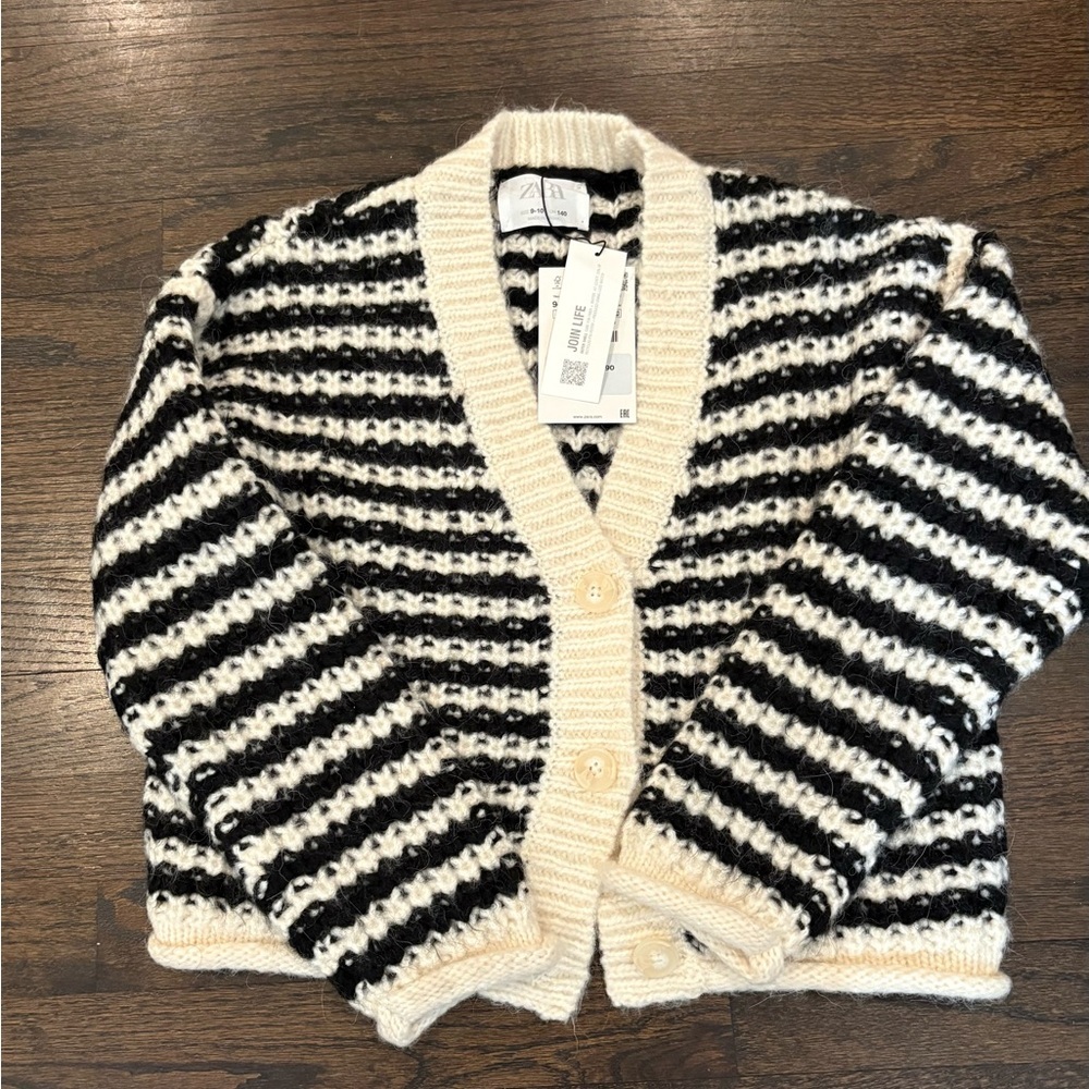 Zara Kids Girls Chunky Black White Striped Button Cardigan Sweater 9-10